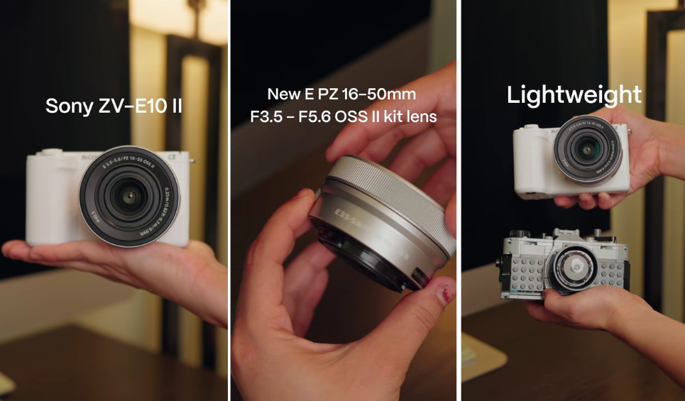 Three images showing the Sony ZV-E10 II camera, a new E PZ 16-50mm F3.5 – F5.6 OSS II kit lens, and a comparison highlighting the camera's lightweight design, demonstrating How to Add Text to Instagram Reels for product reviews.