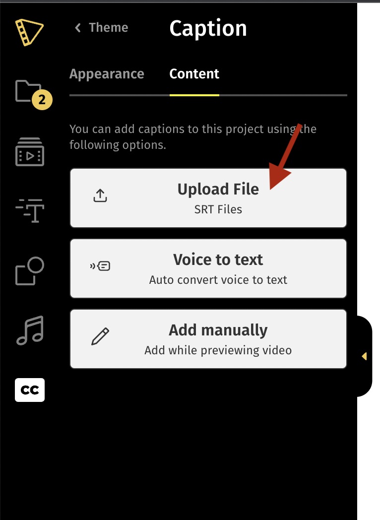 An image showing how to upload and SRT file in Typito.