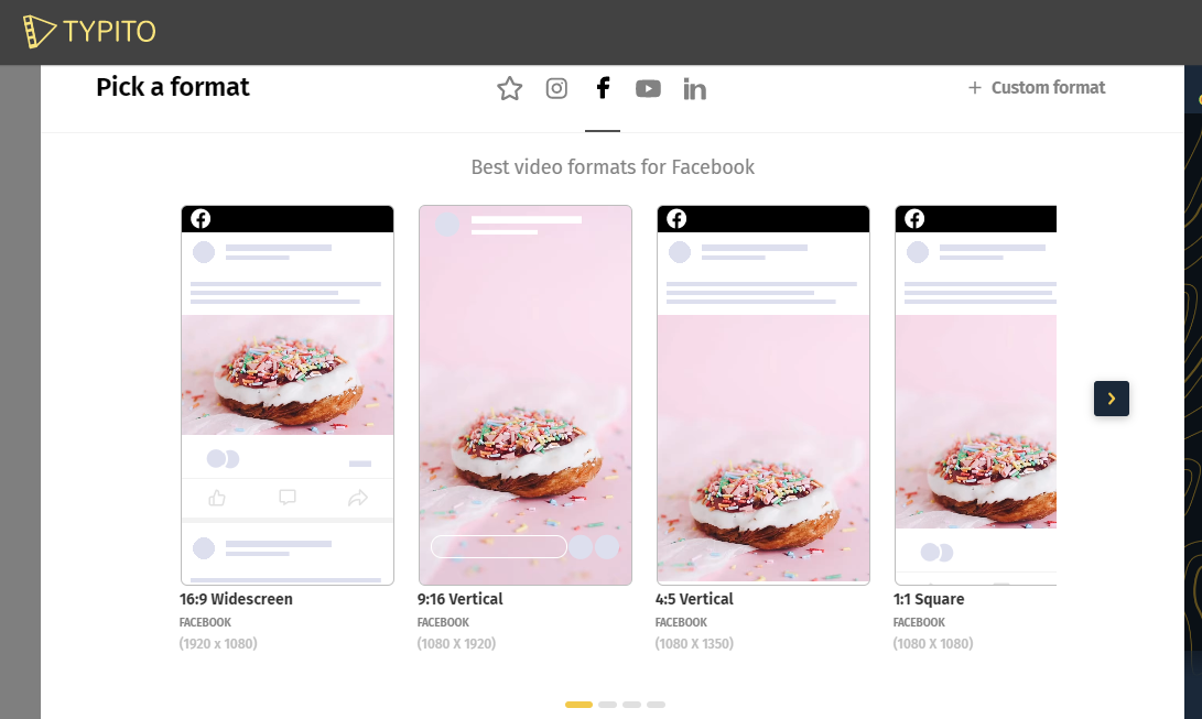 An image of the Facebook format window in Typito.